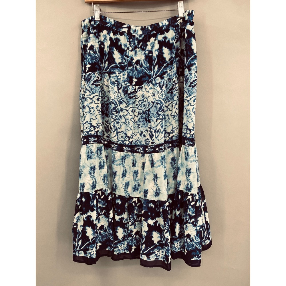 JM Collection Floral Tiered Maxi Skirt Womens 16‎ Blue White Sequin Boho Chiffon